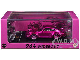 Porsche 964 Widebody Hot Pink Metallic with Extra Wheels and Wing 1/64 Diecast Model Car CM Model CM64-964-INA
