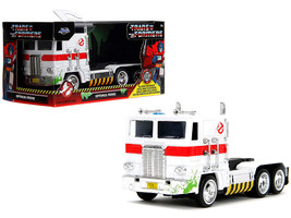 G1 Autobot Optimus Prime Truck White with Robot on Chassis from Transformers TV Series Ghostbusters 1984 Movie Crossover Hollywood Rides Series Diecast Model Jada 35862