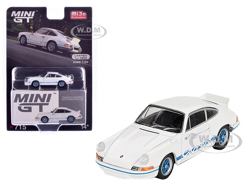 Porsche 911 Carrera RS 2 7 Grand Prix White with Blue Stripes and Wheels Limited Edition to 4800 pieces Worldwide 1/64 Diecast Model Car Mini GT MGT00715