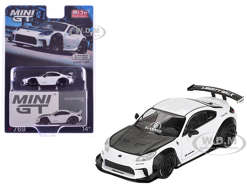 Toyota GR86 LB-Nation Liberty Walk White with Carbon Hood Limited Edition 1/64 Diecast Model Car Mini GT MGT00769