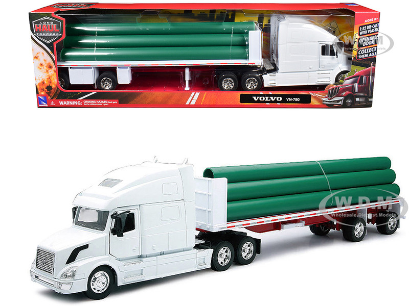 Volvo VN 780 Truck with Flatbed Trailer and Long Pipes White Long Haul Truckers Series 1/32 Diecast Model New Ray 14223B