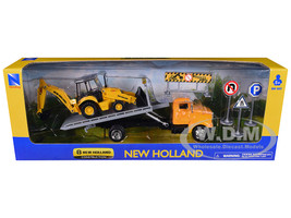 Peterbilt 335 Roll Off Flatbed Truck and New Holland B110C Backhoe Loader with Street Signs New Holland Construction Diecast Models New Ray 16183