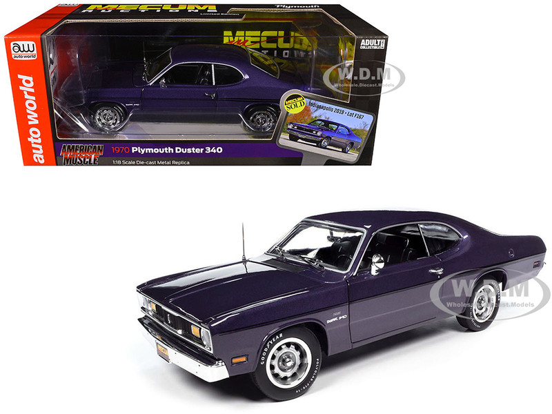 1970 Plymouth Duster 340 Violet Metallic with Black Stripes Mecum Auctions American Muscle Series 1/18 Diecast Model Car Auto World AMM1340