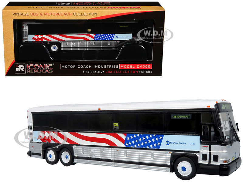 2001 MCI D4000 Coach Bus MTA New York City 9/11 Memorial Silver and White with American Flag Graphics Vintage Bus & Motorcoach Collection Limited Edition to 504 pieces Worldwide 1/87 (HO) Diecast Model Iconic Replicas 87-0567