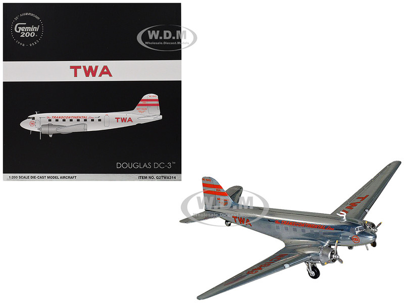 Douglas DC 3 Commercial Aircraft TWA Trans World Airlines NC1943 Polished Metal Finish with Red Tail Stripes Gemini 200 Series 1/200 Diecast Model Airplane GeminiJets G2TWA314