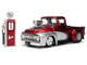 1956 Ford F 100 Pickup Truck Red Metallic with Silver Accents and Jada Gas Pump Just Trucks Series 1/24 Diecast Model Car Jada 35053