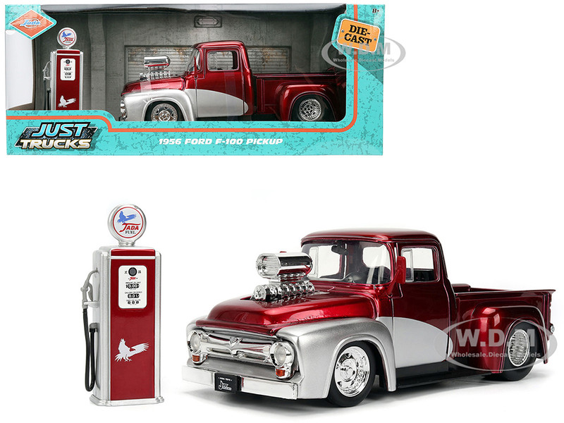 1956 Ford F 100 Pickup Truck Red Metallic with Silver Accents and Jada Gas Pump Just Trucks Series 1/24 Diecast Model Car Jada 35053