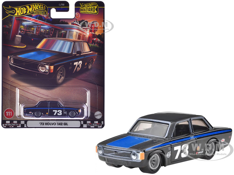 1973 Volvo 142 GL #73 Black with Blue Stripes and Hood Boulevard Series Diecast Model Car Hot Wheels HRT79
