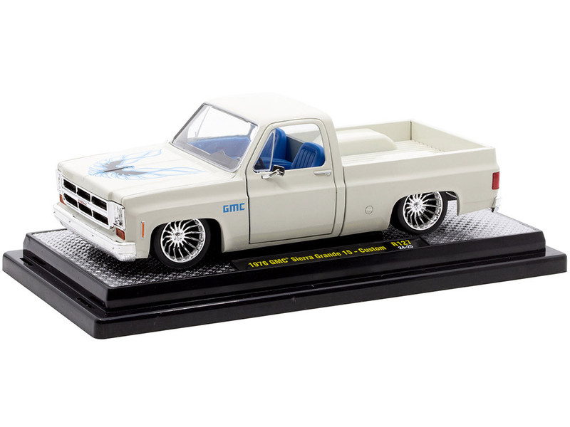 1976 GMC Sierra Grande 15 Custom Pickup Truck Eggshell White with Hood Graphics and Blue Interior Limited Edition to 6650 pieces Worldwide 1/24 Diecast Model Car M2 Machines 40300-127B