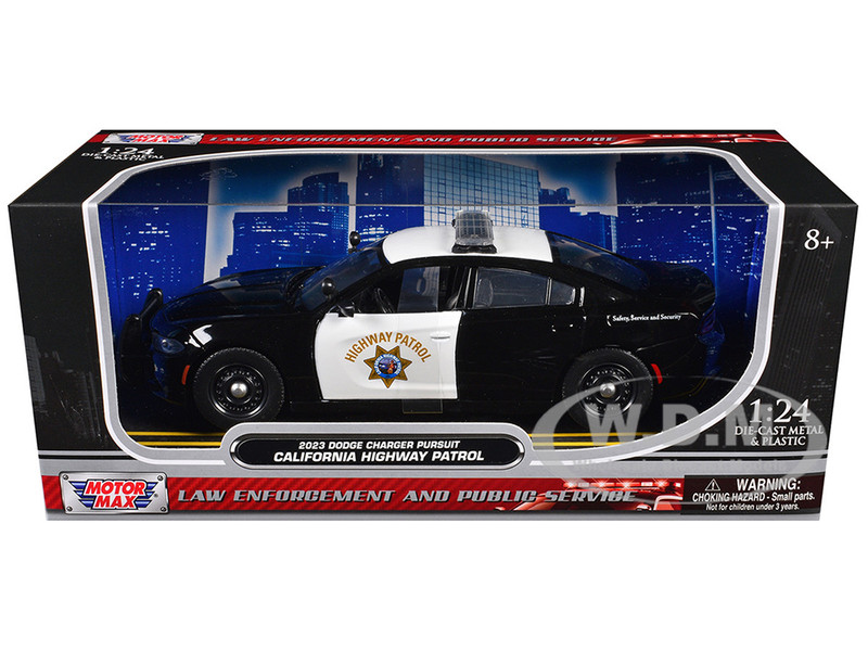 2023 Dodge Charger Pursuit Police Car California Highway Patrol Black White Law Enforcement and Public Service Series 1/24 Diecast Model Car Motormax 76807