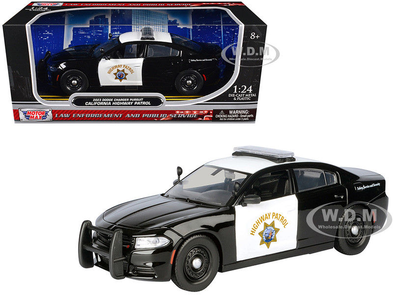 2023 Dodge Charger Pursuit Police Car California Highway Patrol Black White Law Enforcement and Public Service Series 1/24 Diecast Model Car Motormax 76807