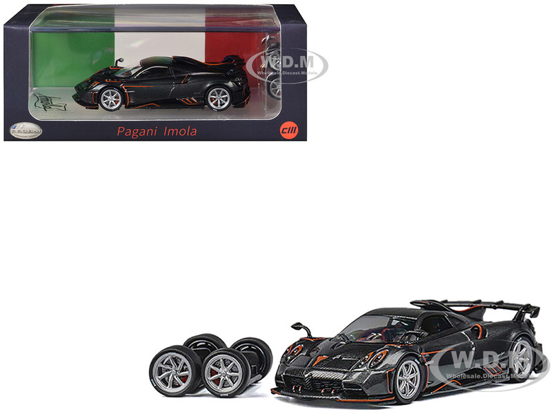 Pagani Imola Dark Gray Metallic with Carbon and Orange Accents with Extra Wheels 1/64 Diecast Model Car CM Model CM64-IMOLA-03