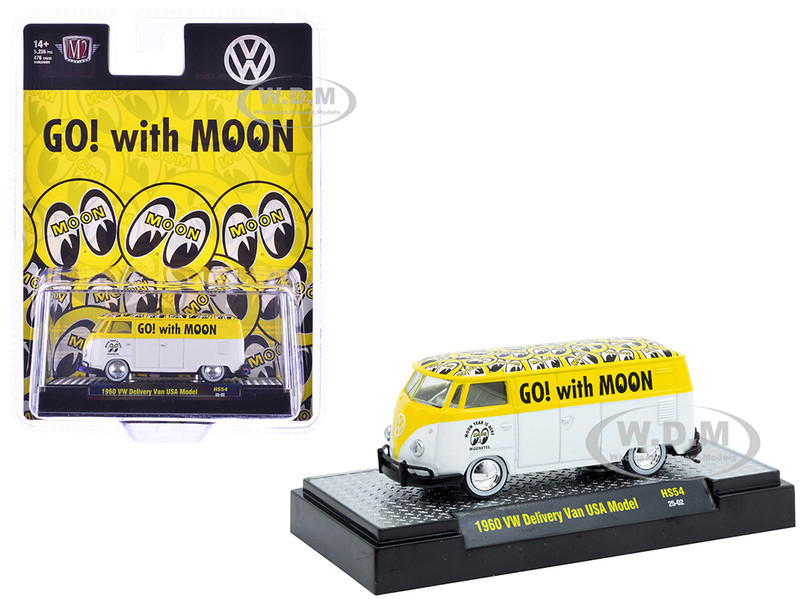 1960 Volkswagen Delivery Van USA Model MoonEyes White and Yellow with Top Graphics and White Interior Limited Edition to 5236 pieces Worldwide 1/64 Diecast Model Car M2 Machines 31500-HS54