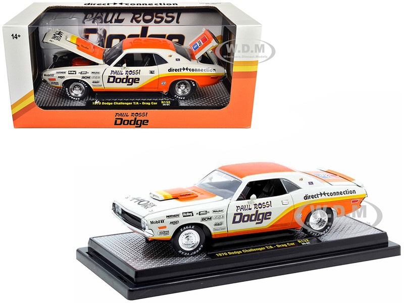 1970 Dodge Challenger T/A Drag Car Paul Rossi White and Orange with Graphics Limited Edition to 6650 pieces Worldwide 1/24 Diecast Model Car M2 Machines 40300-132A