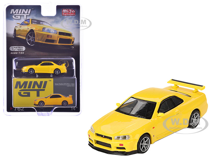 Nissan Skyline GT R R34 V Spec RHD Right Hand Drive Lightning Yellow Limited Edition to 7920 pieces Worldwide 1/64 Diecast Model Car Mini GT MGT00762