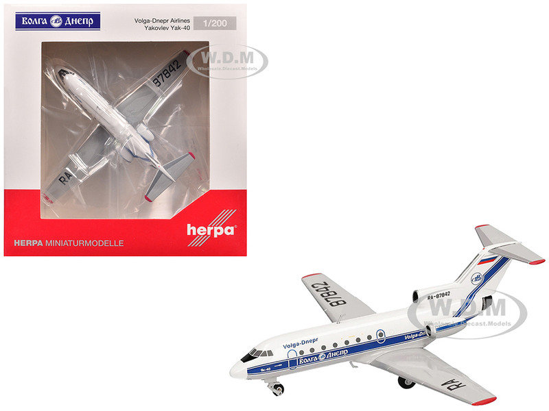 Yakovlev Yak 40 Commercial Aircraft Volga Dnepr Airlines RA 87842 White with Blue Stripes 1/200 Diecast Model Airplane Herpa HE573146