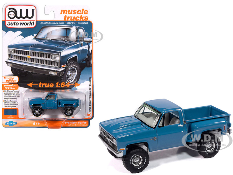 1981 Chevrolet Silverado Stepside Pickup Truck Blue Muscle Trucks Series 1/64 Diecast Model Car Auto World 64452-AWSP179A