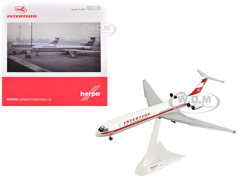 Ilyushin IL 62M Commercial Aircraft Interflug DDR SEO White with Red Stripes and Tail 1/200 Diecast Model Airplane Herpa HE571708-001