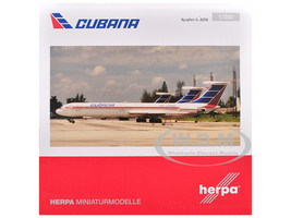Ilyushin IL 62M Commercial Aircraft Cubana de Aviacion T1280 White with Blue and Red Tail 1/200 Diecast Model Airplane Herpa HE573405