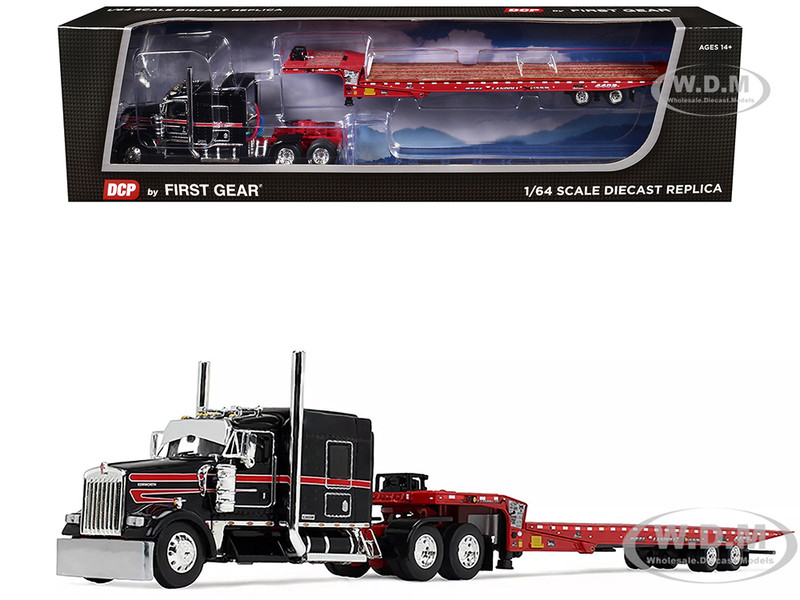 Kenworth W900L with 72 AeroCab Sleeper and Landoll 440B50CA Traveling Axle Trailer Black and Red 1/64 Diecast Model DCP/First Gear 60-2035