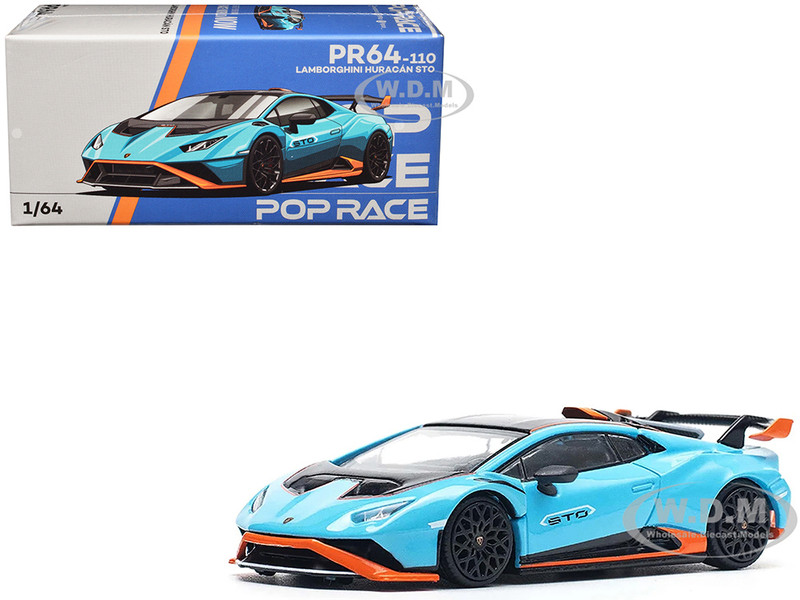 Lamborghini Huracan STO Blue with Black Top and Orange Accents 1/64 Diecast Model Car Pop Race PR640110