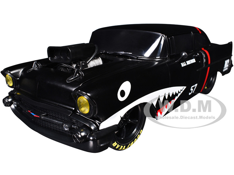 1957 Chevrolet 150 Sedan Maj Bruiser Matt Black with Red Stripe and Shark Mouth Graphics Limited Edition to 6650 pieces Worldwide 1/24 Diecast Model Car M2 Machines 40300-128A
