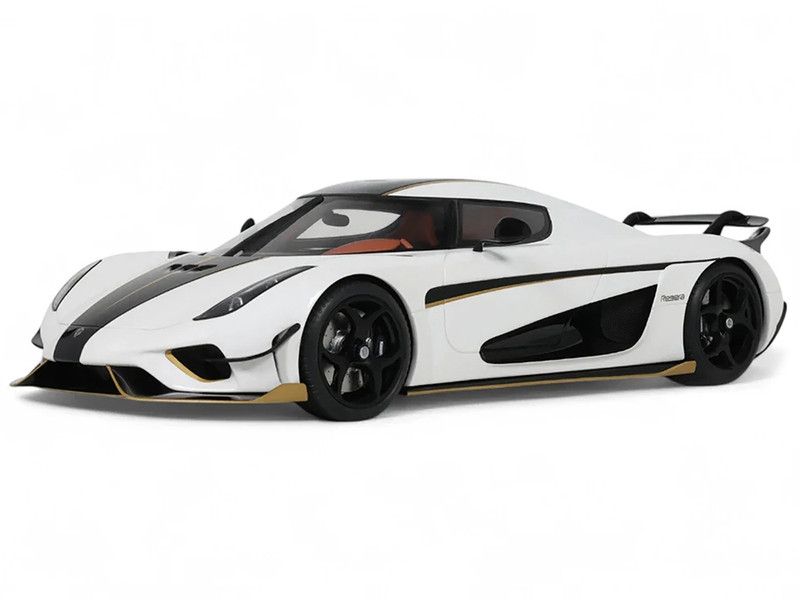2023 Koenigsegg Regera White with Black Stripes 1/18 Model Car GT Spirit GT913