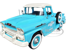 1958 Chevrolet Apache Stepside Pickup Truck Chevrolet Service Light Blue with White Top Limited Edition to 6650 pieces Worldwide 1/24 Diecast Model Car M2 Machines 40300-130A