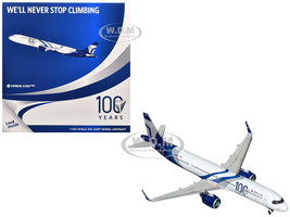 Airbus A321neo Commercial Aircraft Delta Air Lines 100 Years N589DT White and Blue with Stripes 1/400 Diecast Model Airplane GeminiJets GJ2334