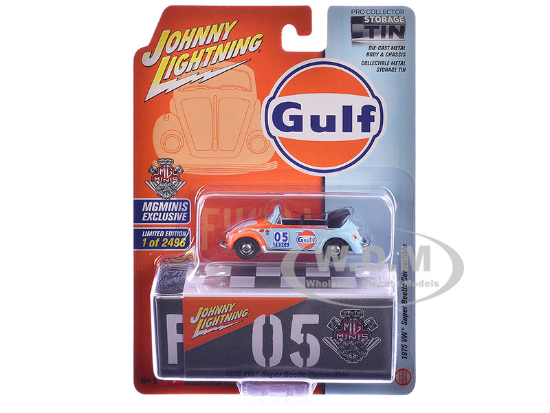 1975 Volkswagen Super Beetle Convertible #05 Gulf Oil Light Blue and Orange MGMinis Exclusive Series Limited Edition to 2496 pieces Worldwide 1/64 Diecast Model Car Johnny Lightning JLCP7378
