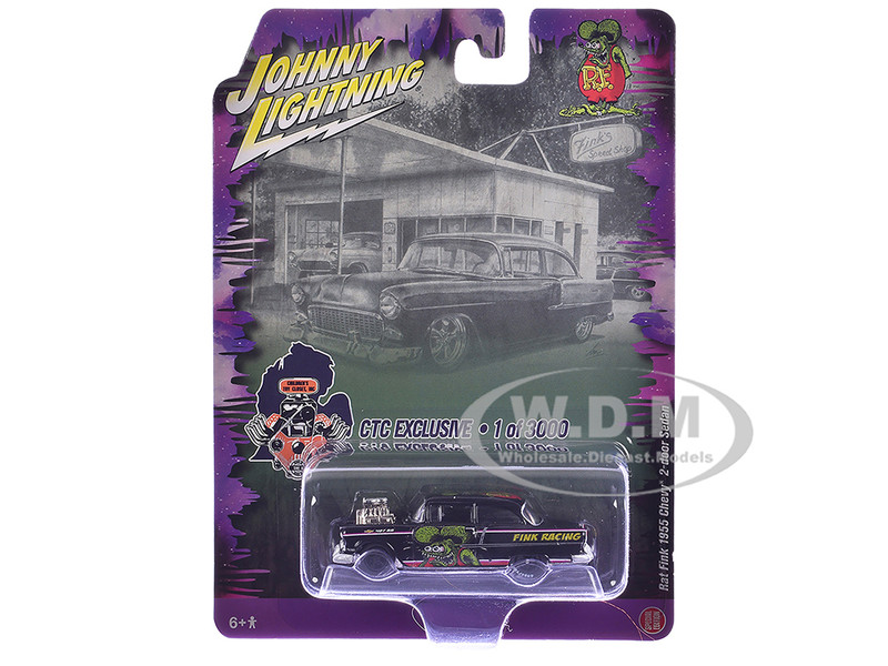 1955 Chevrolet 2 Door Sedan Rat Fink Racing Black with Graphics CTC Exclusive Series Limited Edition to 3000 pieces Worldwide 1/64 Diecast Model Car Johnny Lightning JLCP7386