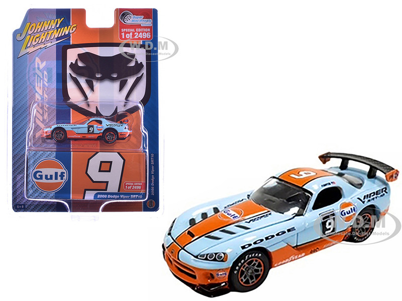 2008 Dodge Viper SRT10 #9 Gulf Oil Light Blue and Orange Limited Edition to 2496 pieces Worldwide 1/64 Diecast Model Car Johnny Lightning JLCP7480