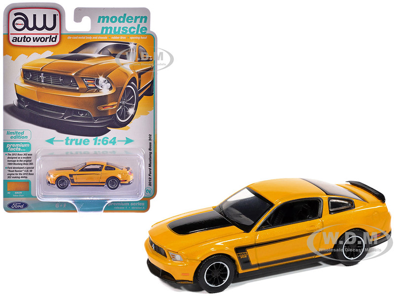 2012 Ford Mustang Boss 302 Yellow Blaze with Black Accents Modern Muscle Series 1/64 Diecast Model Car Auto World 64502-AWSP186A