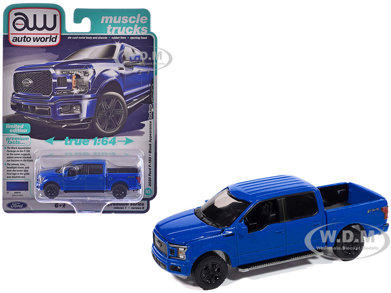 2020 Ford F 150 FX4 Black Appearance Package Pickup Truck Velocity Blue Muscle Trucks Series 1/64 Diecast Model Car Auto World 64502-AWSP188B