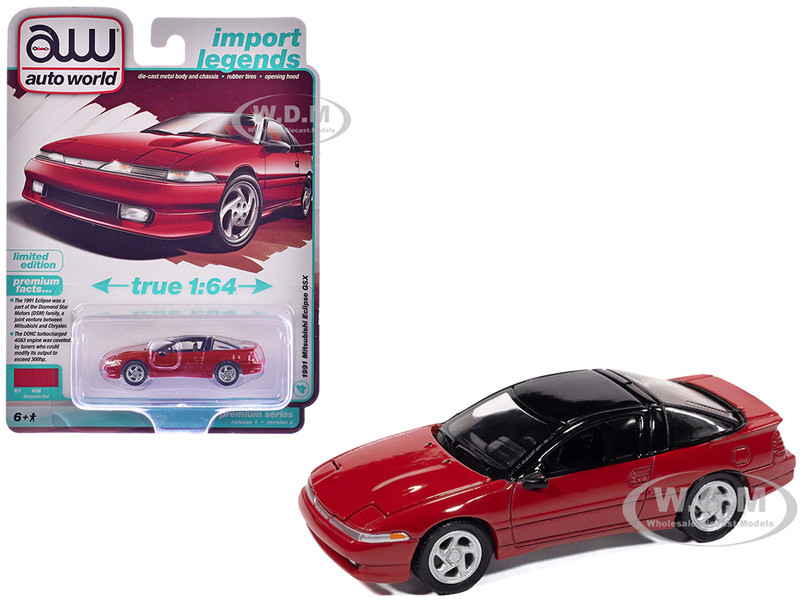 1991 Mitsubishi Eclipse GSX Maranello Red with Black Top Import Legends Series 1/64 Diecast Model Car Auto World 64502-AWSP189A