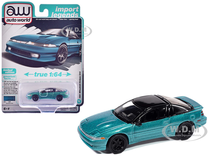 1991 Mitsubishi Eclipse GSX Tennessee Blue Metallic with Black Top Import Legends Series 1/64 Diecast Model Car Auto World 64502-AWSP189B