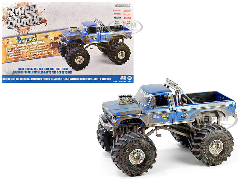 1974 Ford F 250 Monster Truck with 66 Inch Tires Blue Bigfoot #1 Dirty Version Kings of Crunch Series 1/18 Diecast Model Car Greenlight 13694