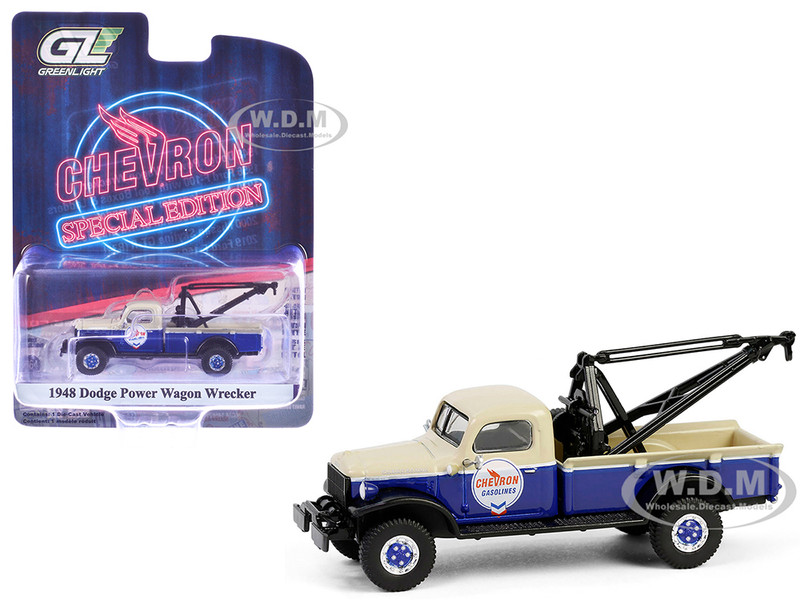 1948 Dodge Power Wagon Wrecker Tow Truck Beige and Blue Chevron Special Edition Series 1 1/64 Diecast Model Car Greenlight 41175A