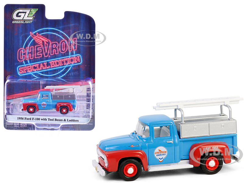 1956 Ford F 100 Pickup Truck with Tool Boxes and Ladders Chevron Blue and Red Chevron Special Edition Series 1 1/64 Diecast Model Car Greenlight 41175B