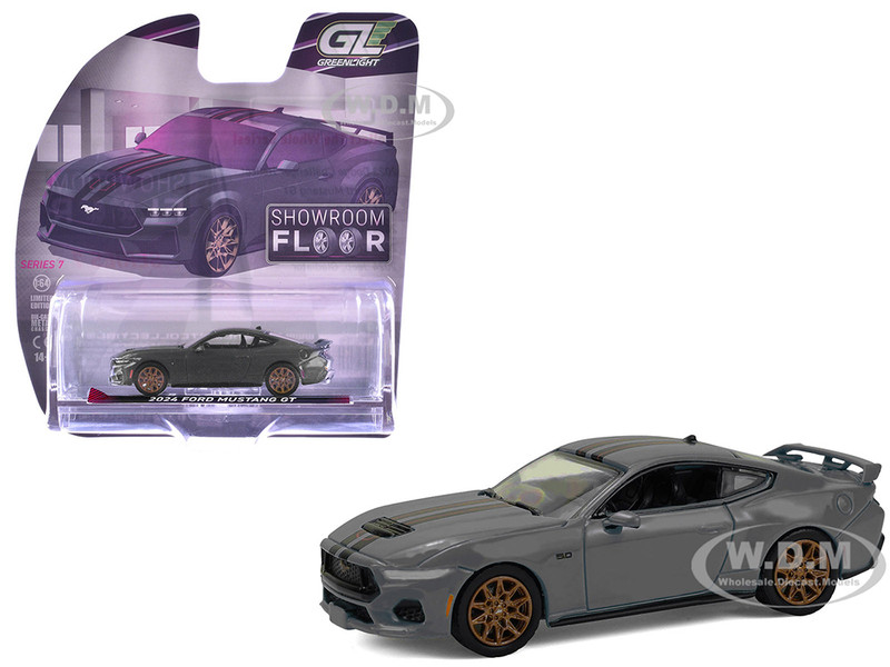 2024 Ford Mustang GT Dark Matter Gray with Black and Red Stripes Showroom Floor Series 7 1/64 Diecast Model Car Greenlight 68070B