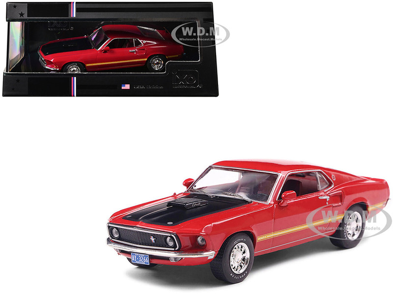 1969 Ford Mustang Mach 1 Calypso Coral Red with Black Hood and Yellow Stripes 1/43 Diecast Model IXO Models IA43003