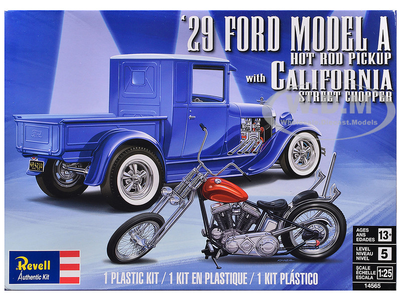 Level 5 Model Kit 1929 Ford Model A Hot Rod Pickup Truck and California Street Chopper Motorcycle 1/25 Scale Model Revell 14565