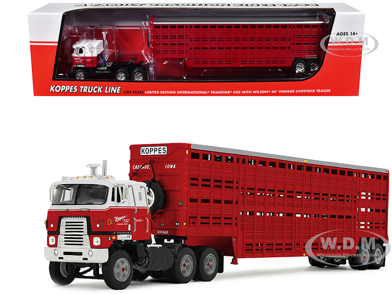 International TranStar COE and 45 Wilson Vintage Livestock Trailer Koppes Truck Line Red and White 1/64 Diecast Model DCP/First Gear 69-2028