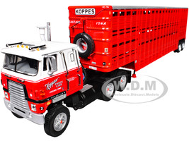 International TranStar COE and 45 Wilson Vintage Livestock Trailer Koppes Truck Line Red and White 1/64 Diecast Model DCP/First Gear 69-2028