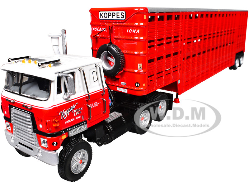 International TranStar COE and 45 Wilson Vintage Livestock Trailer Koppes Truck Line Red and White 1/64 Diecast Model DCP/First Gear 69-2028