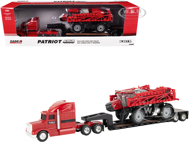 Semi Truck Red Flatbed Trailer Case IH Patriot 4350 Sprayer Red Case IH Agriculture Series 1/64 Diecast Models ERTL TOMY 44379