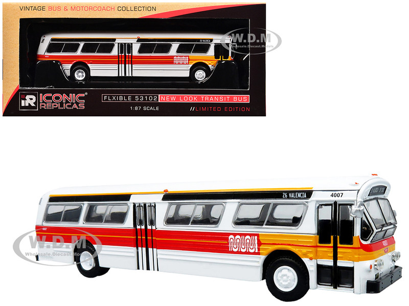 Flxible 53102 New Look Transit Bus San Francisco MUNI Landor Scheme White with Red and Yellow Stripes Vintage Bus & Motorcoach Collection Limited Edition 1/87 HO Diecast Model Iconic Replicas 87-0596
