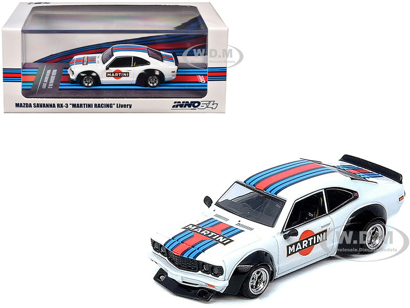 Mazda RX 3 Savanna RHD Right Hand Drive Martini Racing Livery White with Red and Blue Stripes 1/64 Diecast Model Car Inno Models IN64-RX3-MTN