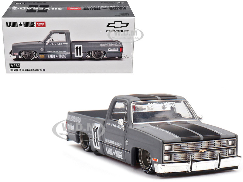 Chevrolet Silverado KAIDO V2 Pickup Truck #11 Gray with Black Stripes Designed by Jun Imai Kaido House Special 1/64 Diecast Model Car Mini GT KHMG160