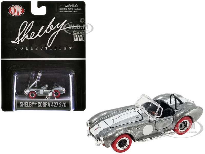 Shelby Cobra 427 S C Raw Metal with White Stripes and Red Tires Shelby Collectibles Series 1/64 Diecast Model Car ACME SC-705-M